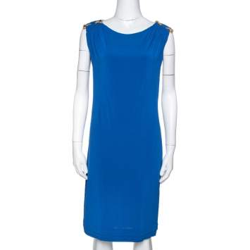 مملوكة مسبقًا Roberto Cavalli Royal Blue Jersey Brooch Detail Shift Dress M