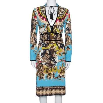 Pre Owned Roberto Cavalli Blue Tapestry Print Jersey Sheath Dress L