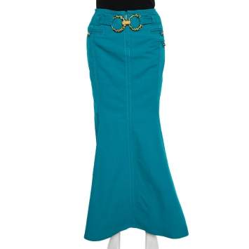 Pre Owned Roberto Cavalli Green Cotton Double Ring Detail Maxi Skirt M