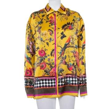 Pre Owned Roberto Cavalli Yellow Tropical Printed Silk Button Front Shirt XL