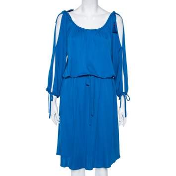 Pre Owned Roberto Cavalli Blue Jersey Cold Shoulder Tassel Tie Detailed Belted Dress M