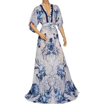 Pre Owned Roberto Cavalli White & Blue Printed Cotton Embellished Detail Maxi Dress M