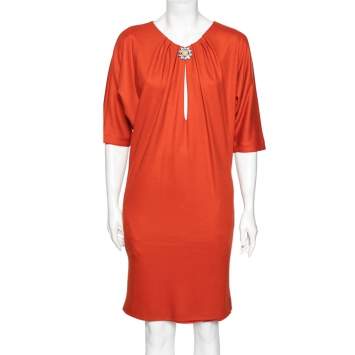 Pre Owned Roberto Cavalli Orange Wool Embellished Detailed Draped Dress M
