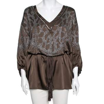 Pre Owned Roberto Cavalli Olive Green Satin Embellished Bishop Sleeve Belted Top M