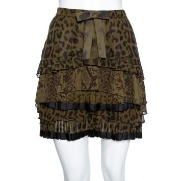 مملوكة مسبقًا Roberto Cavalli Green Animal Printed Pleated Silk Tiered Mini Skirt M