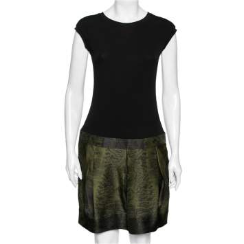 Pre Owned Roberto Cavalli Black & Green Printed Silk Crepe Pleated Dress M