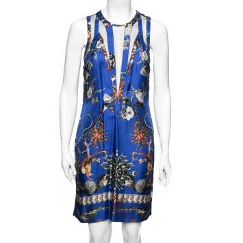 Pre Owned Roberto Cavalli Blue Printed Silk Net Inset Detailed Dress M 