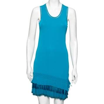 Pre Owned Roberto Cavalli Blue Knit Ruffle Embellished Hem Detail Shift Dress M