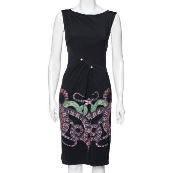 Pre Owned Roberto Cavalli Black Printed Jersey Gathered Detail Dress M 