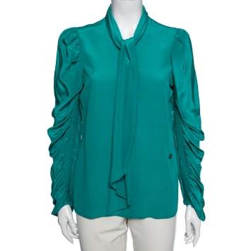 Pre Owned Roberto Cavalli Green Silk Front Button and Bow Tie Blouse M