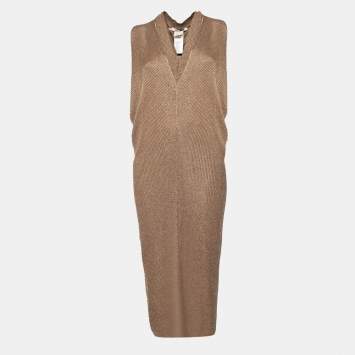 Pre Owned Roberto Cavalli Metallic Bronze Lurex Rib Knit Dress S