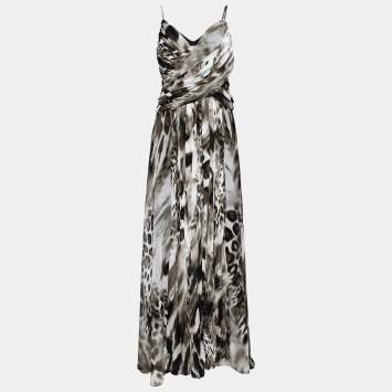 Pre Owned Roberto Cavalli Green and White Silk Animal Print Draped and Pleated Maxi Dress L