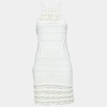 Pre Owned Roberto Cavalli Ivory Patterned Cotton Knit Sleeveless Dress M