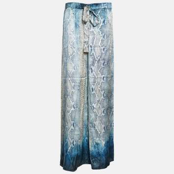مملوكة مسبقًا Roberto Cavalli White/Blue Animal Print Silk Trouser M