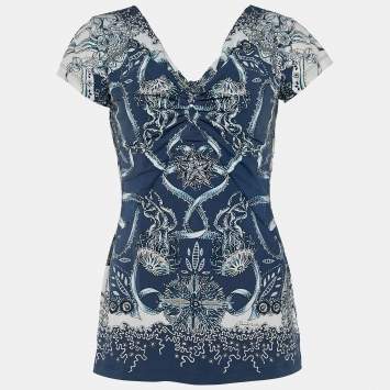 Pre Owned Roberto Cavalli Navy Blue Printed Synthetic Top L