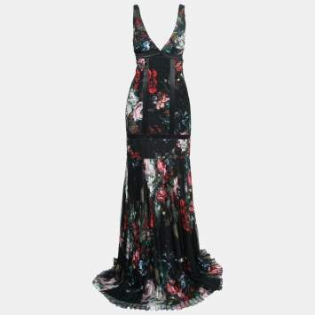 Pre Owned Roberto Cavalli Black Floral Print Patterned Silk Pleated Maxi Dress M