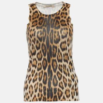 Pre Owned Roberto Cavalli Brown Leopard Print Knit Tank Top S