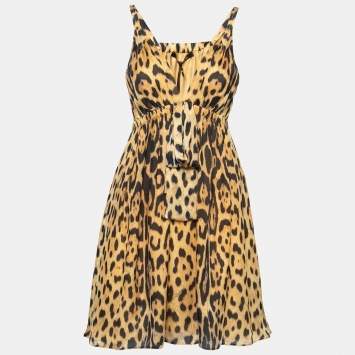 Pre Owned Roberto Cavalli Mustard Yellow Leopard Printed Silk Sleeveless Dress M