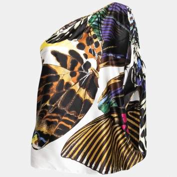 Pre Owned Roberto Cavalli Multicolor Abstract Butterfly Print Silk One Shoulder Blouse L