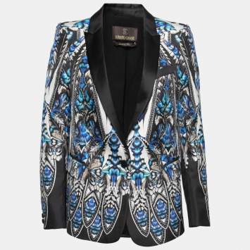 Pre Owned Roberto Cavalli Blue Printed Silk Single Breasted Blazer M