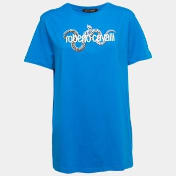 Pre Owned Roberto Cavalli Blue Snake and Logo Print Cotton T-Shirt XL
