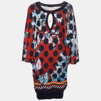 Pre Owned Roberto Cavalli Red Floral Printed Jersey & Knit Trim Mini Dress M
