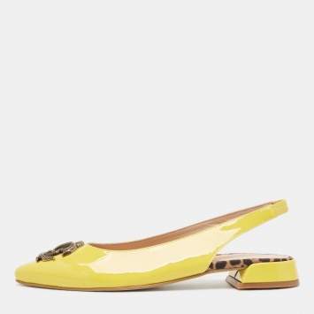 Pre Owned Roberto Cavalli Yellow Patent Leather Snake RC Logo Slingback Ballet Flats Size 39