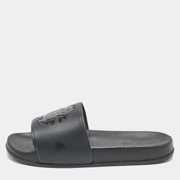 Pre Owned Roberto Cavalli Black Rubber Logo Flat Slides Size 39