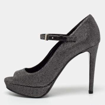 Pre Owned Roberto Cavalli Metallic Silver/Black Glitter Peep Toe Platform Pumps Size 36.5