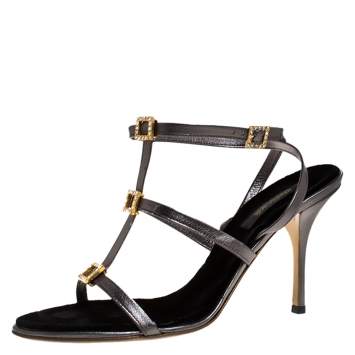 Pre Owned Roberto Cavalli Metallic Grey Leather Crystal Embellished Strappy Sandals Size 41