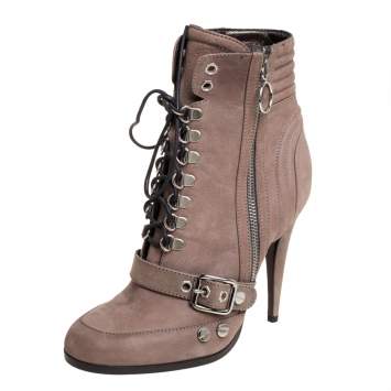 Pre Owned Roberto Cavalli Grey Nubuck Round-Toe Lace-Up Boots Size 39