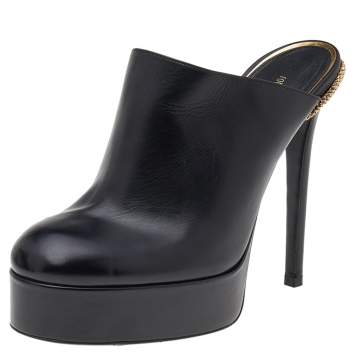 Pre Owned Roberto Cavalli Black Leather Platform Mule Sandals Size 37