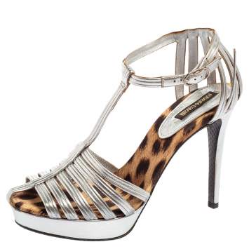 Pre Owned Roberto Cavalli Silver Leather T-Strap Peep-Toe Platform Sandals Size 38
