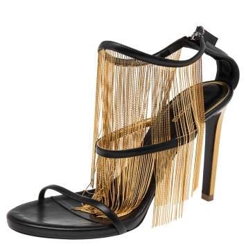 Pre Owned Roberto Cavalli Black Leather Chain Embellished Ankle Strap Sandals Size 40