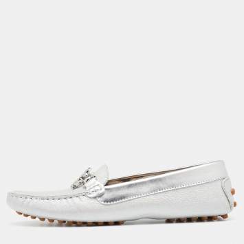 Pre Owned Roberto Cavalli Metallic Silver Iridescent Leather Slip On Loafers Size 39