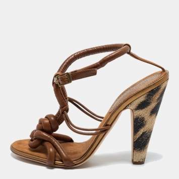 Pre Owned Roberto Cavalli Brown Knotted Leather Ankle Strap Sandals Size 39.5