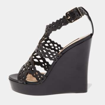 Pre Owned Roberto Cavalli Black Laser Cut Leather Ankle Strap Wedge Sandals Size 37