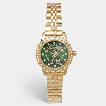 Pre Owned Roberto Cavalli Classic RC5L079M0065 Green Dial Gold Plated Stainless Steel Women's Wristwatch 30 mm