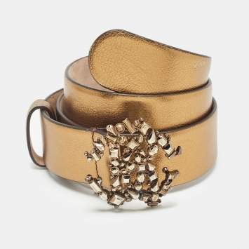 Pre Owned Roberto Cavalli Gold Leather Studded RC Belt 90CM