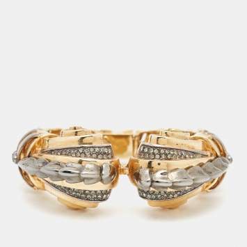 Pre Owned Roberto Cavalli Crystals Two Tone Metal Cuff Bracelet
