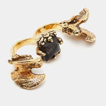 Pre Owned Roberto Cavalli 2 FInger Resinl Gold Tone Ring Size 56