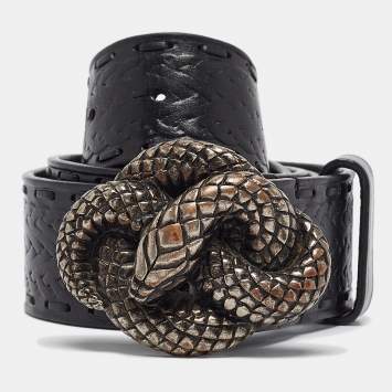 Pre Owned Roberto Cavalli Black Leather Snake Buckle Belt 110CM