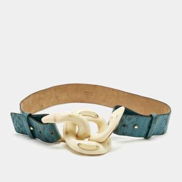 Roberto Cavalli Blue Watersnake Leather Chain Detail Waist Belt 90CM