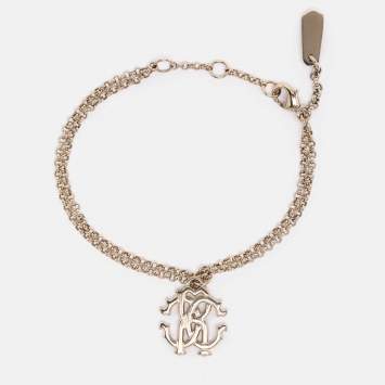 Pre Owned Roberto Cavalli Gold Tone Metal Logo Charm Bracelet 