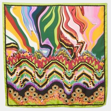 Pre Owned Roberto Cavalli Green/Pink Printed Silk Scarf