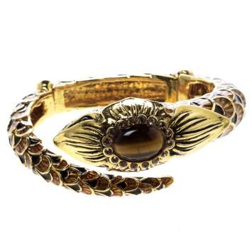Pre Owned Roberto Cavalli Serpent Head Enamel Gold Tone Detailed Open Cuff Bracelet 