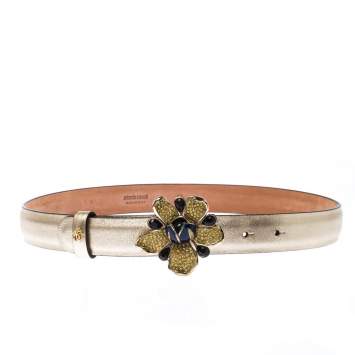 Pre Owned Roberto Cavalli Gold  Flower Embellished Leather Belt 80CM