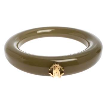 Pre Owned Roberto Cavalli Gold Tone Logo Green Resin Bangle Bracelet