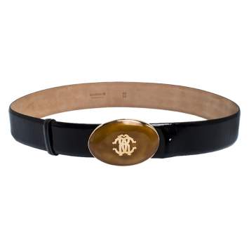 Pre Owned Roberto Cavalli Black Cracked Patent Leather Resin Buckle Belt 95CM