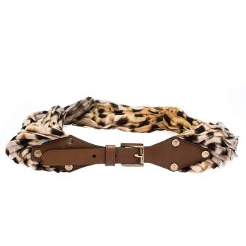 Pre Owned Roberto Cavalli Leopard Print Satin and Leather Waist Belt 95CM